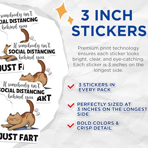 (3 Pack) Social Distancing Cat Decals - Funny Farting Cat - Quarantine Humor - 3 Inches On Longest Side - Easy Peel & Apply - Made in USA - 3MCS6495