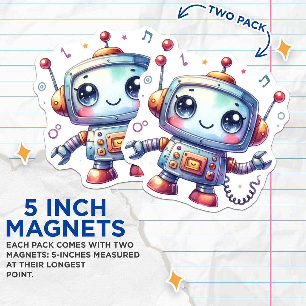 (2 Pack) Cute Robot Magnets - Kawaii Sci Fi Decor - Whimsical Kids Room - Refrigerator Locker Accessory - 5 Inches On Longest Side - Thick Durable Magnet - Made in USA - MAG39163
