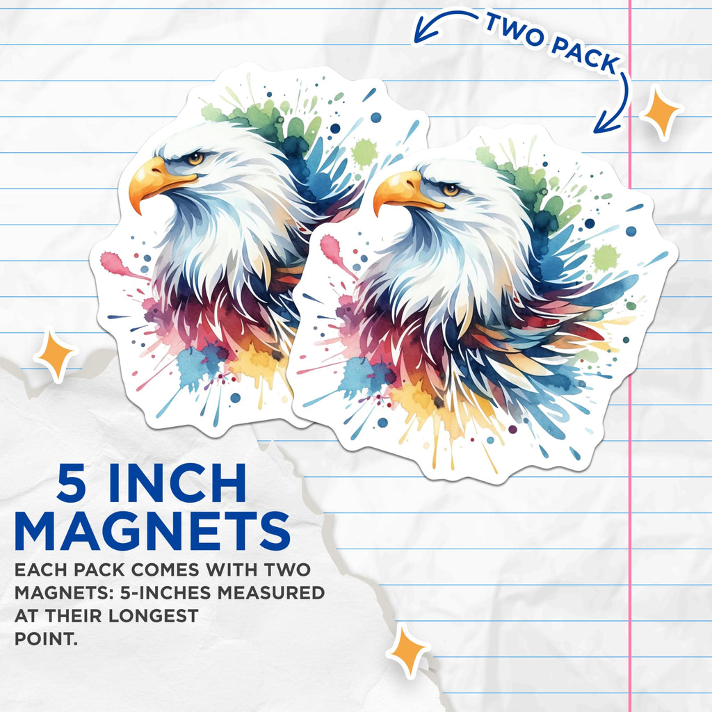 (2 Pack) Watercolor Bald Eagle Magnets - Majestic Wildlife Art - Patriotic American Decor - 5 Inches On Longest Side - Thick Durable Magnet - Made in USA - MAG20858