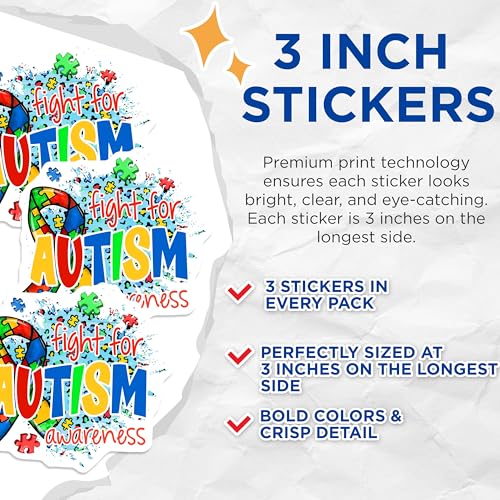 (3 Pack) Autism Awareness Decals - Puzzle Ribbon Decals - Fight for Autism Decal - 3 Inches On Longest Side - Easy Peel & Apply - Made in USA - 3MCS7940