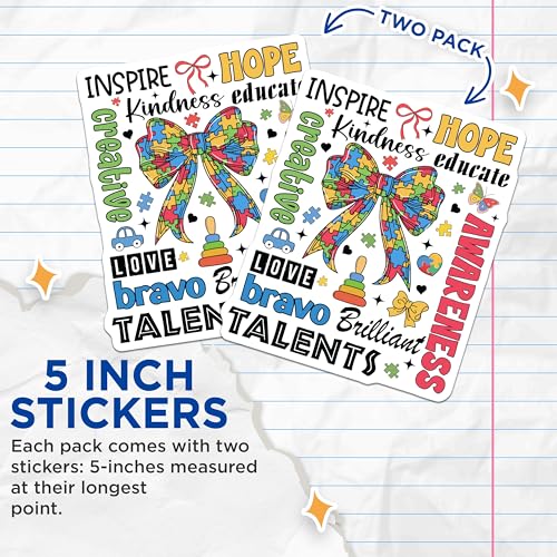 (2 Pack) Autism Awareness Stickers - Inspire Hope Kindness Creative - Talents Educate Stickers - 5" On Longest Side - Sticks to Smooth Flat Surfaces - Made in USA - BMCS9577