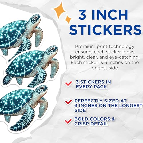 (3 Pack) Turtle Decals - Glowing Sea Turtle - Laptop Car Decal - 3 Inches On Longest Side - Easy Peel & Apply - Made in USA - 3MCS0093