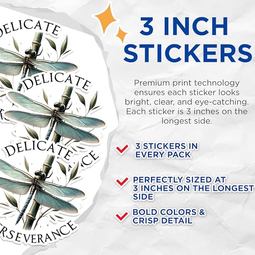 (3 Pack) Dragonfly Decals - Delicate Perseverance - Laptop Decals - 3 Inches On Longest Side - Easy Peel & Apply - Made in USA - 3MCS1511
