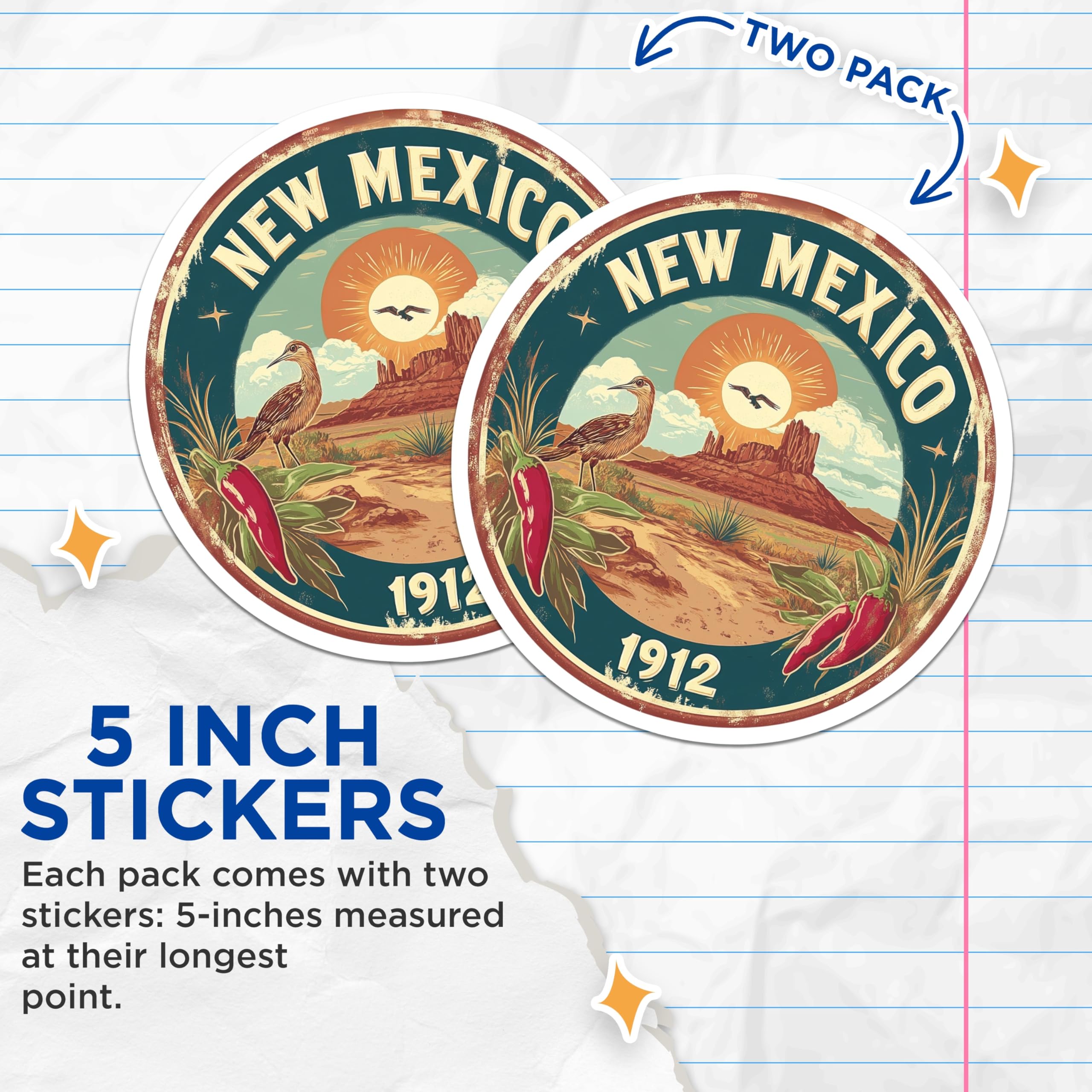 (2 Pack) New Mexico Stickers - Roadrunner Art - Southwestern Decor - 5" On Longest Side - Sticks to Smooth Flat Surfaces - Made in USA - BMCS14797