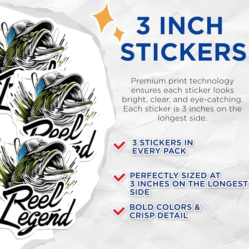 (3 Pack) Fishing Decals - Bass Fishing - Reel Legend - Laptop Decals - 3 Inches On Longest Side - Easy Peel & Apply - Made in USA - 3MCS2333