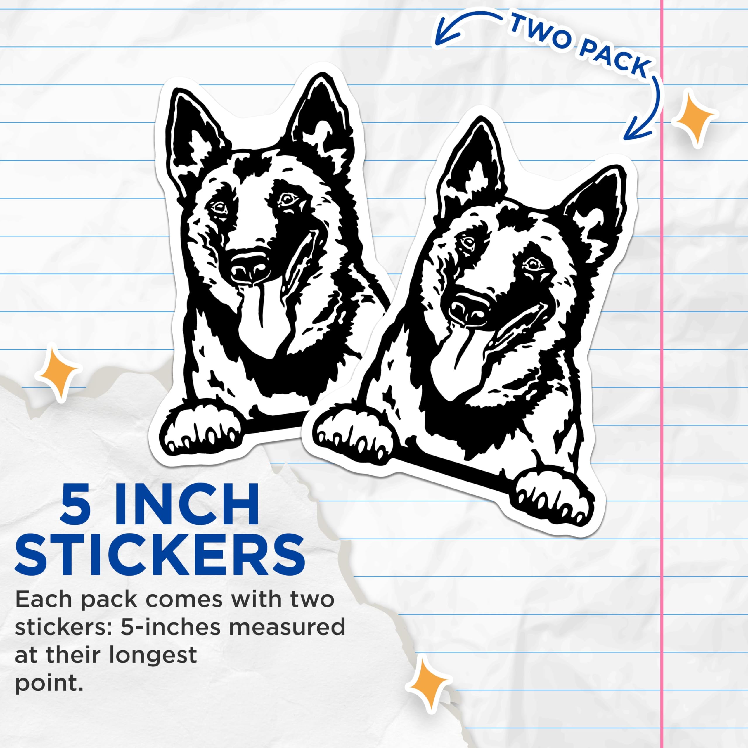 (2 Pack) German Shepherd Dog Stickers - Dog Lover Stickers - Cute Pet Stickers - 5" On Longest Side - Sticks to Smooth Flat Surfaces - Made in USA - BMCS4043