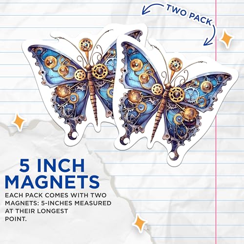 (2 Packs) Steampunk Butterfly Magnets - Aesthetic Gothic Steampunk Magnets - 5 Inches On Longest Side - Premium Magnet - for Fridges, Toolboxes, Cars - Made in USA - MAG2326