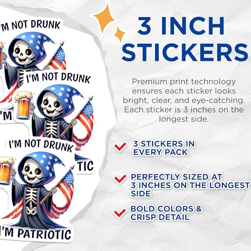 (3 Pack) Patriotic Grim Reaper Decals - American Flag - Beer Lover Decals - 3 Inches On Longest Side - Easy Peel & Apply - Made in USA - 3MCS6680