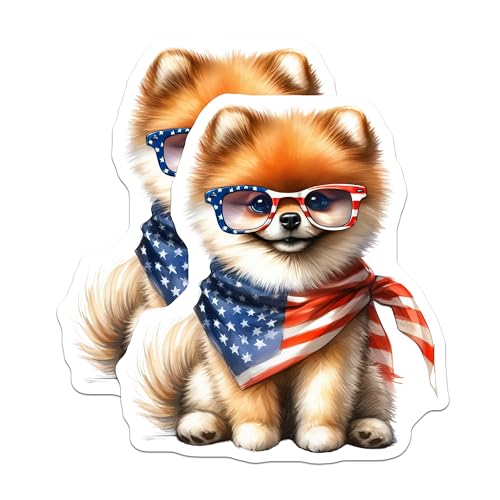 (2 Pack) Cute Dog Magnets - Pomeranian with Glasses - American Flag Bandana - 5" On Longest Side - for Cars, Fridges, Toolboxes - Made in USA - MAG7261