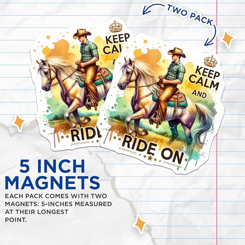 (2 Pack) Keep Calm and Ride On Magnets - Horse Riding Decor - Cowboy Art - Western Home Decoration - 5" On Longest Side - for Cars, Fridges, Toolboxes - Made in USA - MAG6664