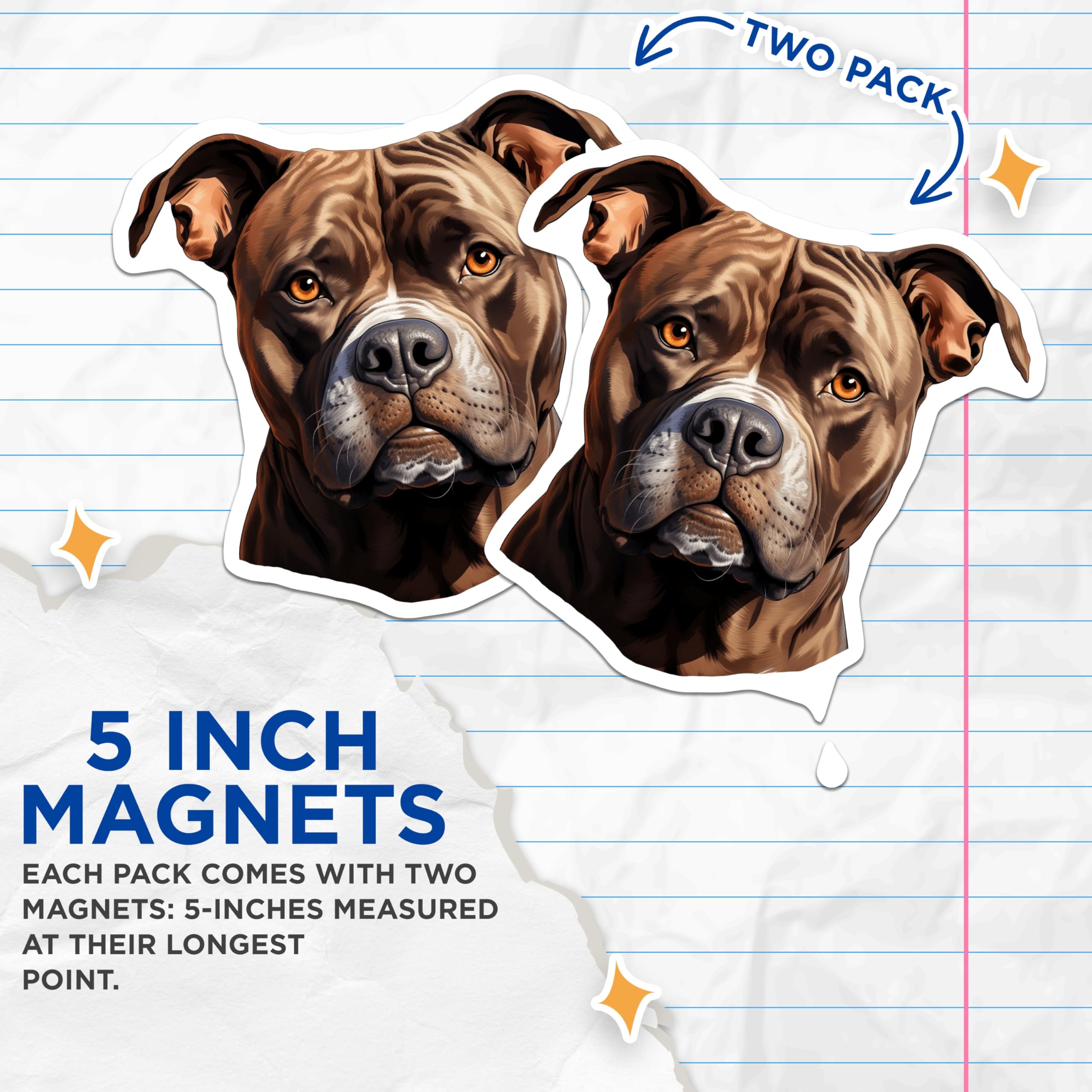 (2 Pack) Brown Pitbull Dog Magnets - Realistic Pitbull Art - Pet Parent Refrigerator Decor - 5 Inches On Longest Side - Thick Durable Magnet - Made in USA - MAG29494