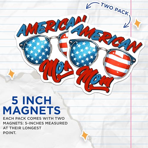 (2 Pack) American Mom Magnets - Patriotic Glasses - USA Flag Decor - American Pride - Mom Gift - 5" On Longest Side - for Cars, Fridges, Toolboxes - Made in USA - MAG7449