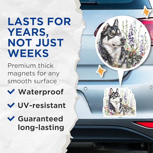 (2 Pack) Husky Dog Magnets - Floral Dog Decor - Cute Husky Art Prints - 5" On Longest Side - for Cars, Fridges, Toolboxes - Made in USA - MAG7077