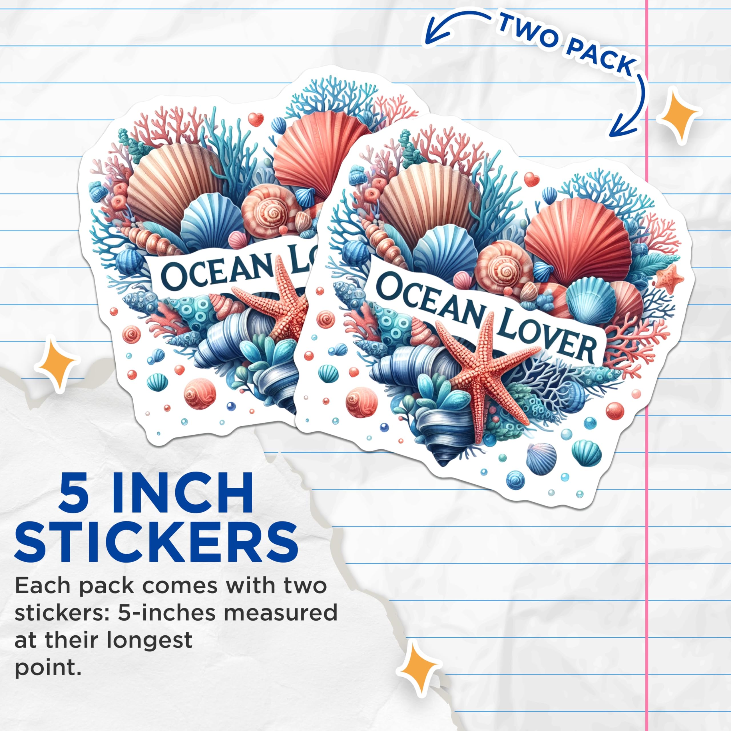 (2 Pack) Ocean Lover Stickers - Beach Shells - Sea Life Decals - 5" On Longest Side - Sticks to Smooth Flat Surfaces - Made in USA - BMCS9272 - Underwater Coral Art