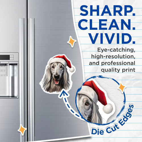 (2 Pack) Afghan Hound Magnets - Santa Hat Christmas Dog Decor - Festive Pet Lover Accent - Winter Canine Art - 5 Inches On Longest Side - Thick Durable Magnet - Made in USA - MAG28730