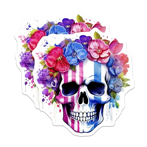 (2 Pack) Skull Flower Stickers - Colorful Skull Decal - Floral Skull Art - 5" On Longest Side - Sticks to Smooth Flat Surfaces - Made in USA - BMCS7128