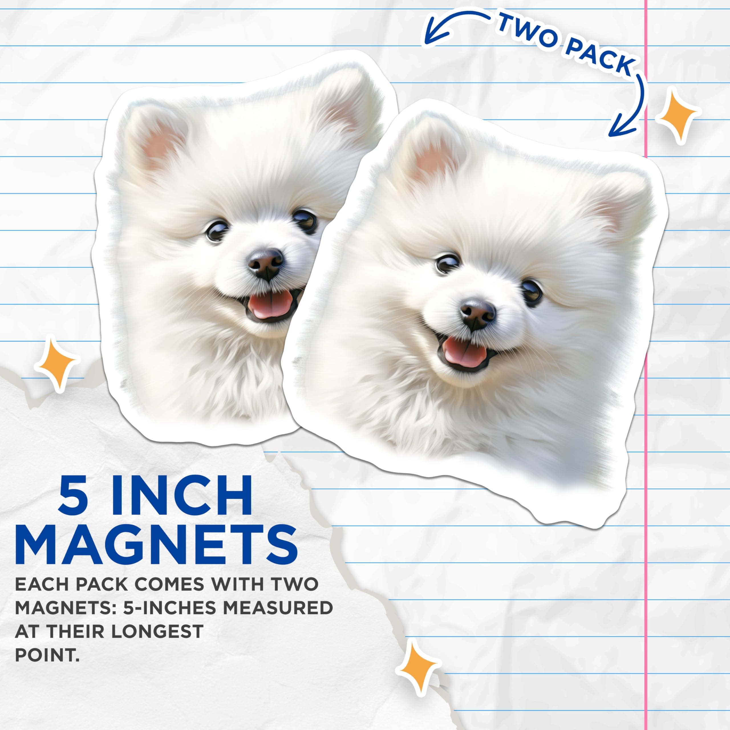 (2 Pack) White Fluffy Dog Magnets - Cute Puppy Refrigerator Decor - Pomeranian Pet Lover Locker Accessory - 5 Inches On Longest Side - Thick Durable Magnet - Made in USA - MAG30659