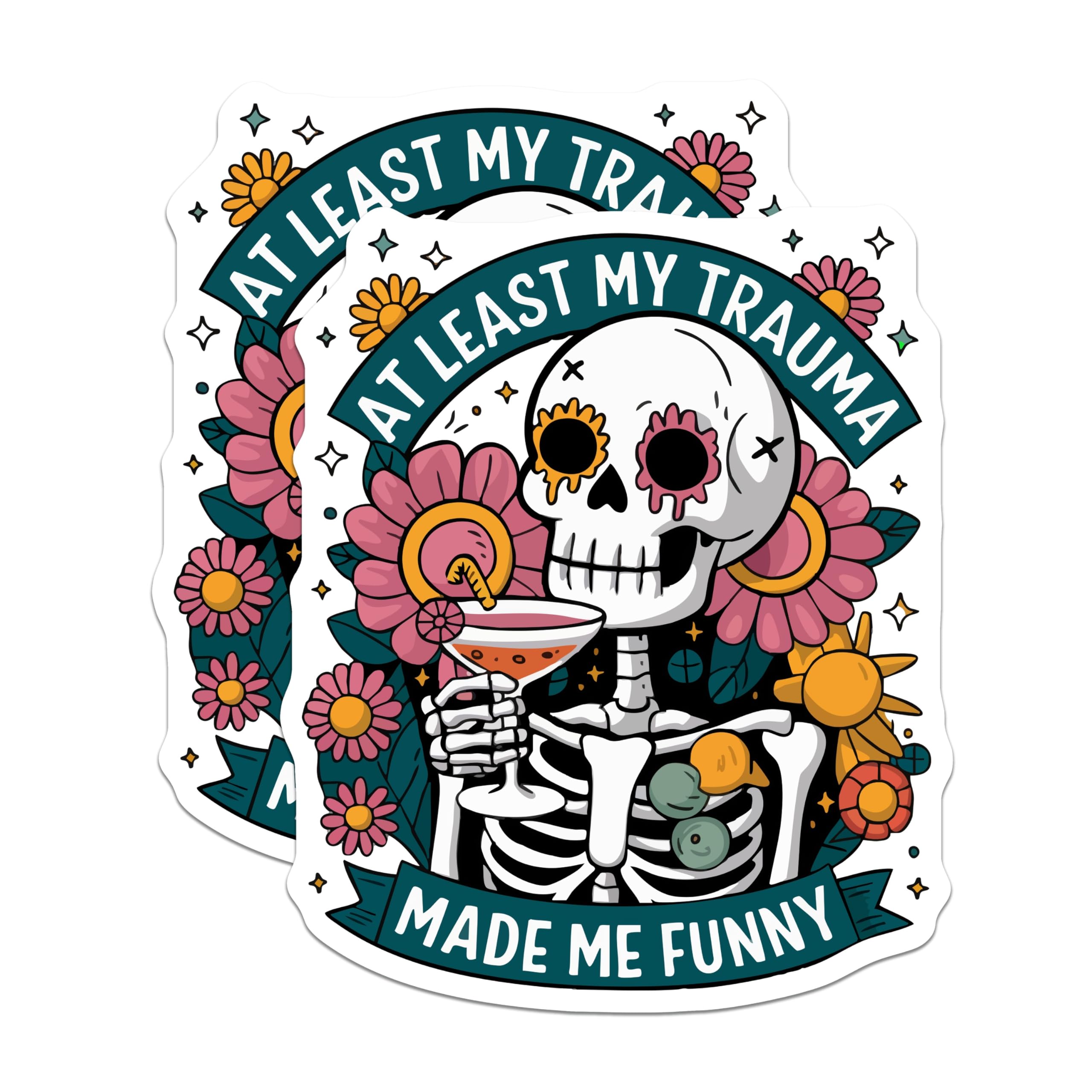 (2 Pack) Funny Trauma Magnets - Skeleton Cocktail Decor - Humorous Quote Artwork - Mental Health Humor Magnets - 5 Inches On Longest Side - Thick Durable Magnet - Made in USA - MAG22428