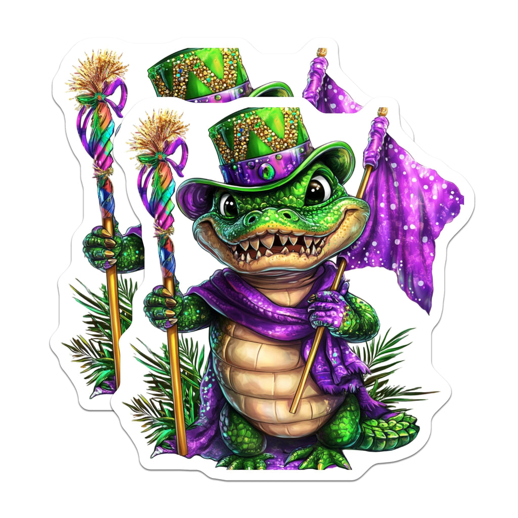 (2 Pack) Mardi Gras Alligator Stickers - Cute Gator - Louisiana Party Decor - 5" On Longest Side - Sticks to Smooth Flat Surfaces - Made in USA - BMCS15276