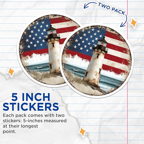 (2 Pack) Lighthouse American Flag Stickers - Coastal Nautical Lighthouse - Patriotic USA Stickers - 5" On Longest Side - Sticks to Smooth Flat Surfaces - Made in USA - BMCS9454