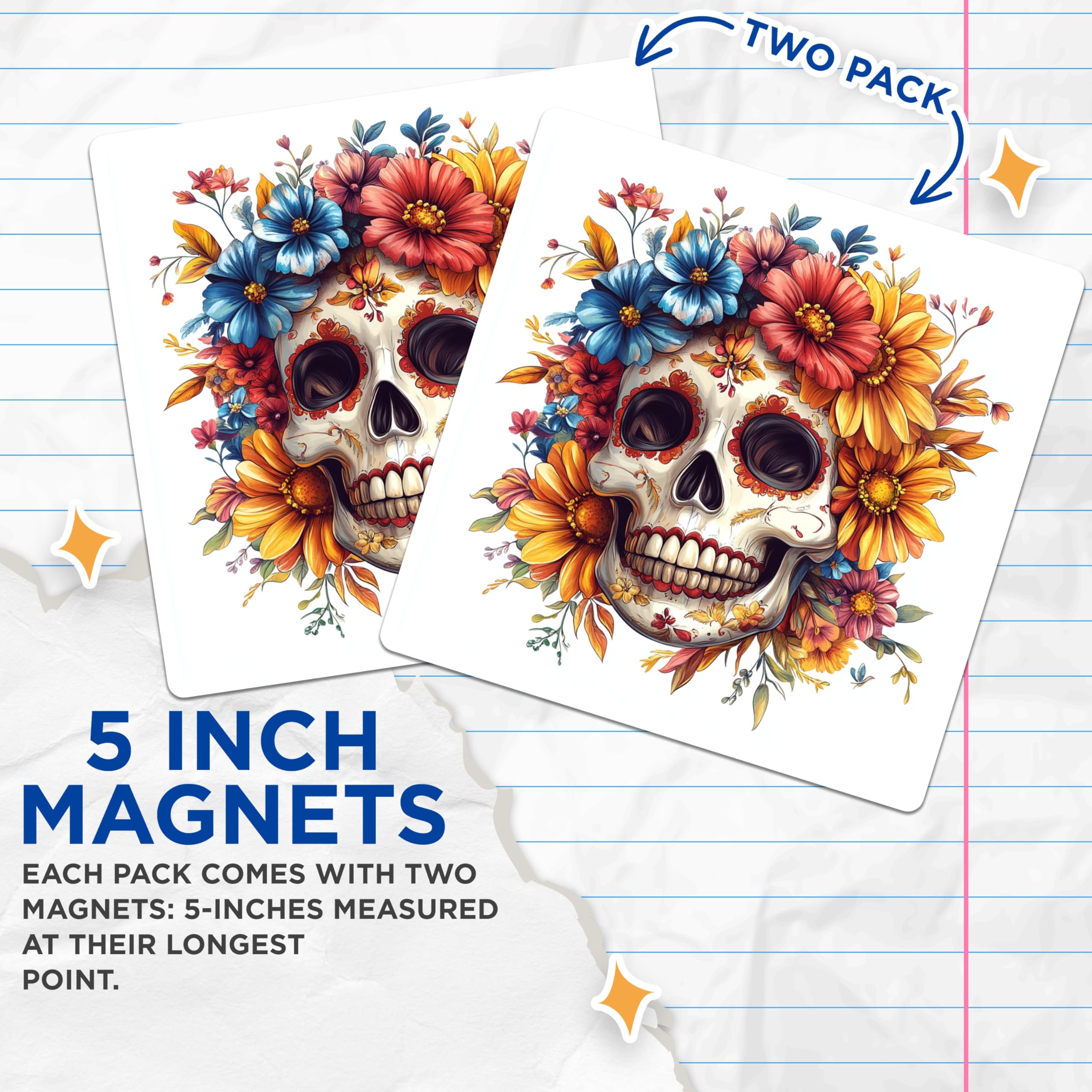 (2 Pack) Day of the Dead Sugar Skull Magnets - Floral Calavera Art - Mexican Folk Decor - 5 Inches On Longest Side - Thick Durable Magnet - Made in USA - MAG28537