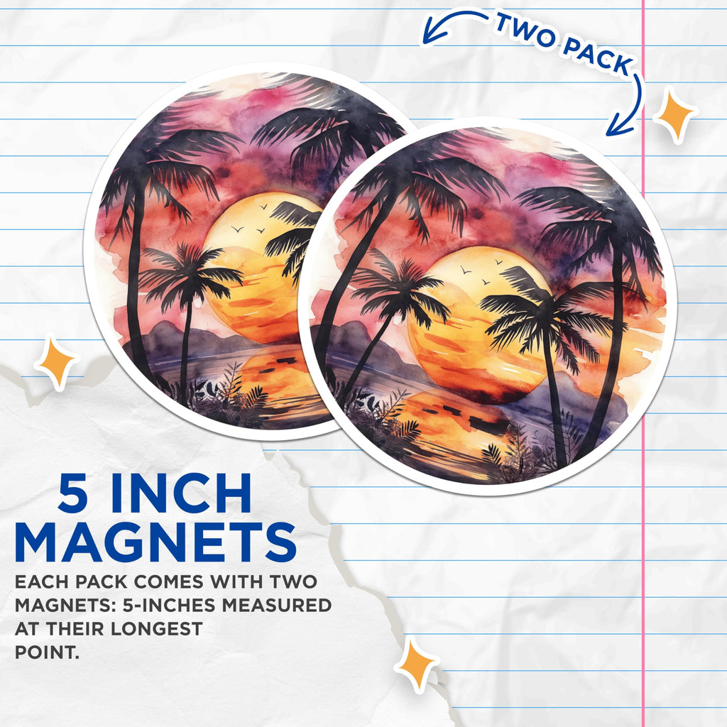 (2 Pack) Tropical Sunset Magnets - Palm Tree Beach Scene - Watercolor Landscape Art Decor - 5 Inches On Longest Side - Thick Durable Magnet - Made in USA - MAG19811