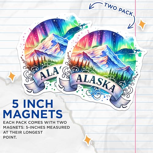 (2 Pack) Alaska Northern Lights Magnets - Scenic Mountain - Aurora Borealis Art - 5" On Longest Side - for Cars, Fridges, Toolboxes - Made in USA - MAG6780