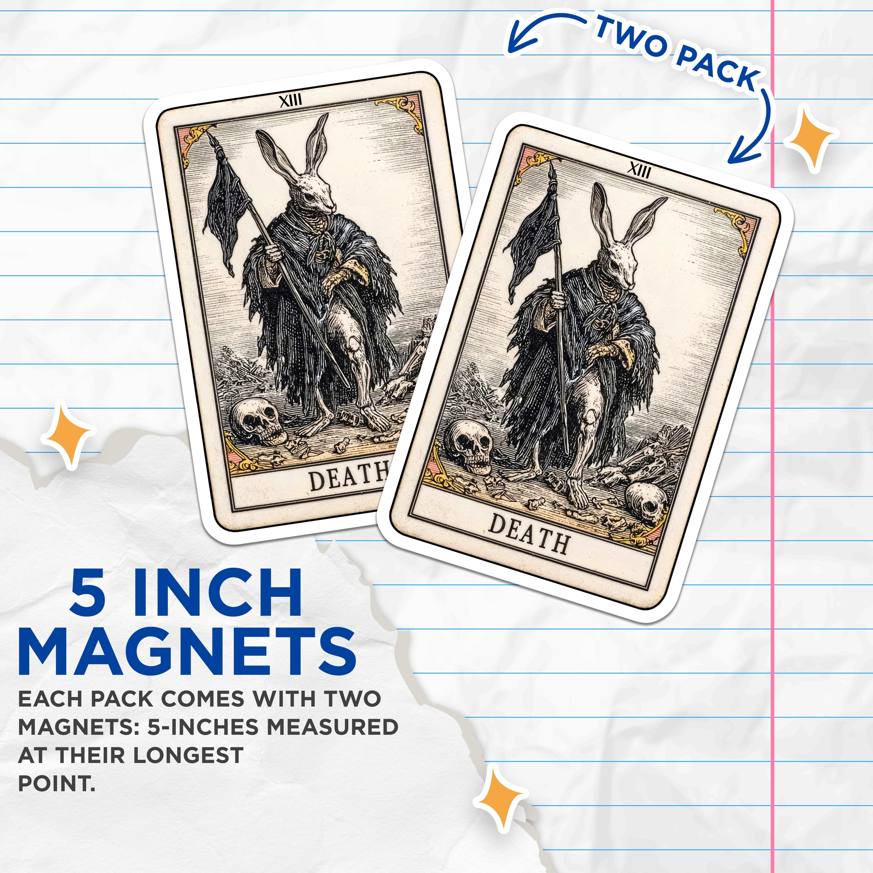 (2 Pack) Death Tarot Card Magnets - Rabbit Skeleton Art - Occult Decor XIII - 5 Inches On Longest Side - Thick Durable Magnet - Made in USA - MAG36716