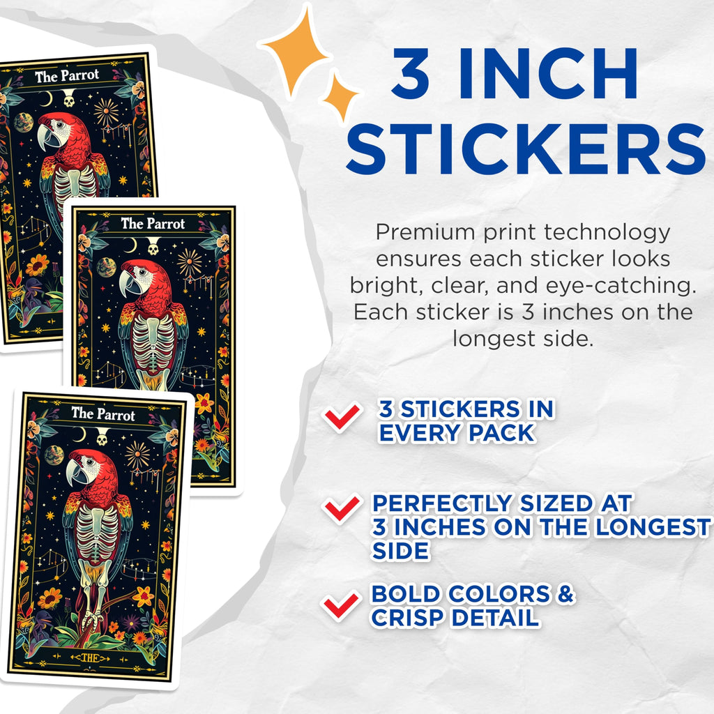 (3 Pack) Tarot Parrot Decals - Skeletal Bird Sticker - Floral Laptop Stickers - 3 Inches On Longest Side - Easy Peel & Apply - Made in USA - 3MCS2460