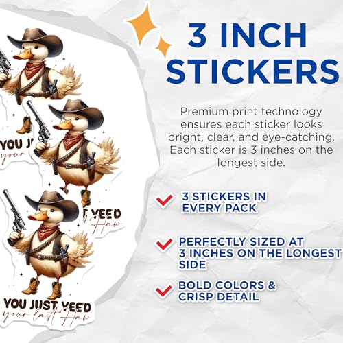 (3 Pack) Cowboy Duck Decals - Funny Duck Sticker - Yee Haw Western Decal- 3 Inches On Longest Side - Easy Peel & Apply - Made in USA - 3MCS5890