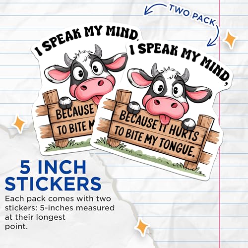 (2 Pack) I Speak My Mind Stickers - Funny Cow Stickers - Sarcastic Animal Stickers - 5" On Longest Side - Sticks to Smooth Flat Surfaces - Made in USA - BMCS9711
