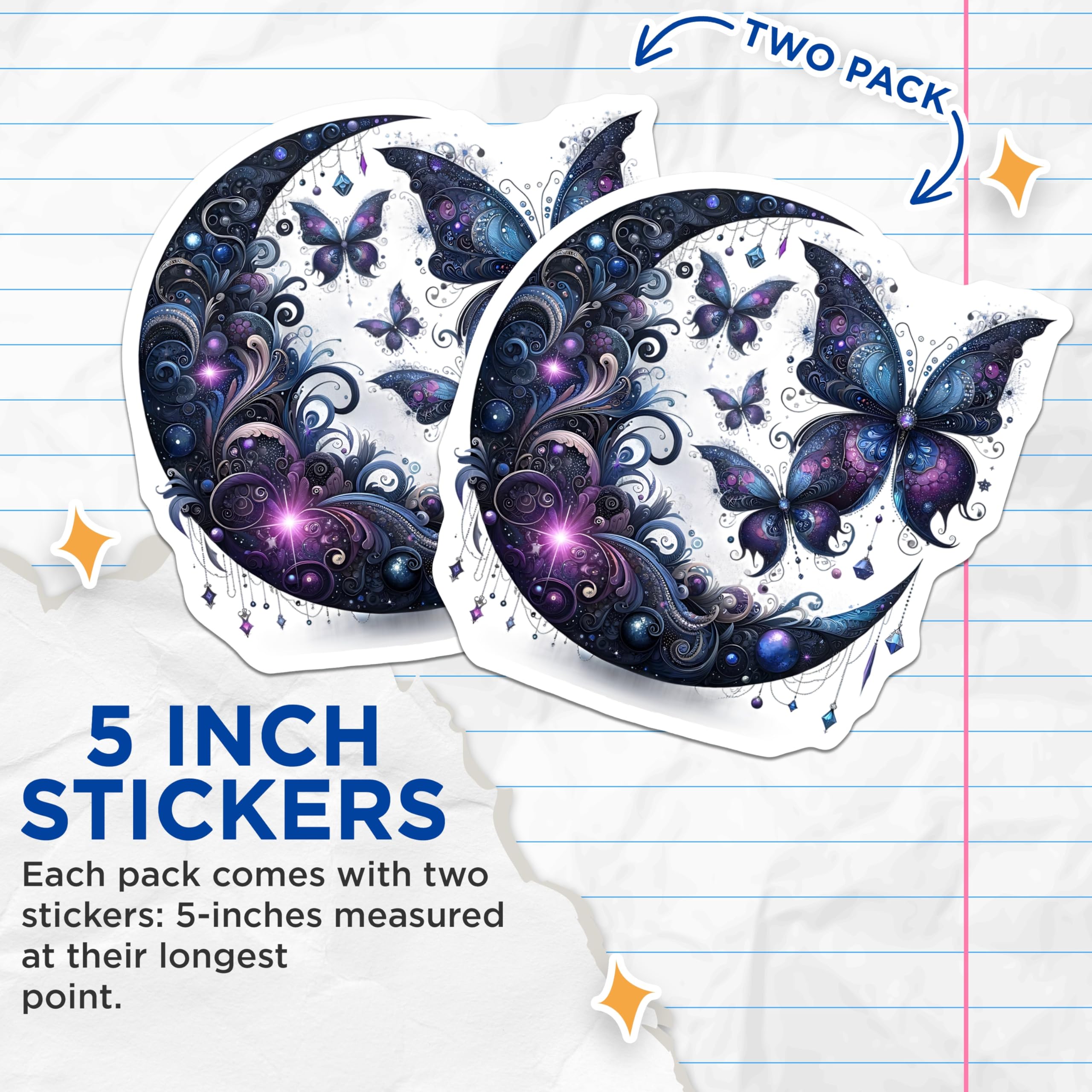 (2 Pack) Moon Butterfly Stickers - Celestial Stickers - Decorative Stickers - 5" On Longest Side - Sticks to Smooth Flat Surfaces - Made in USA - BMCS14528