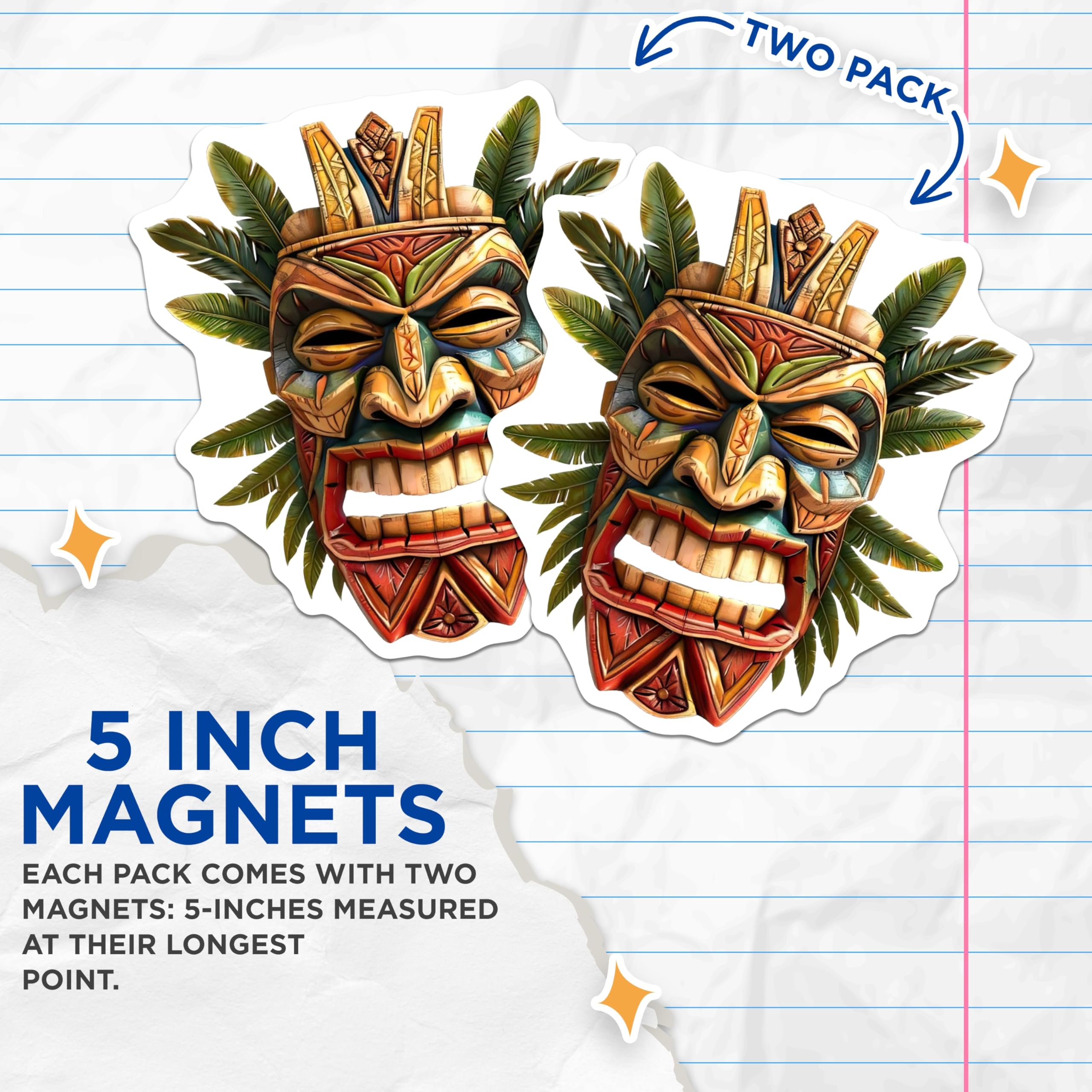 (2 Pack) Hawaiian Tiki Mask Magnets - Polynesian Tropical Home Decor - Exotic Island Vibe Art - Cultural Kitchen Accent - 5 Inches On Longest Side - Thick Durable Magnet - Made in USA - MAG20773