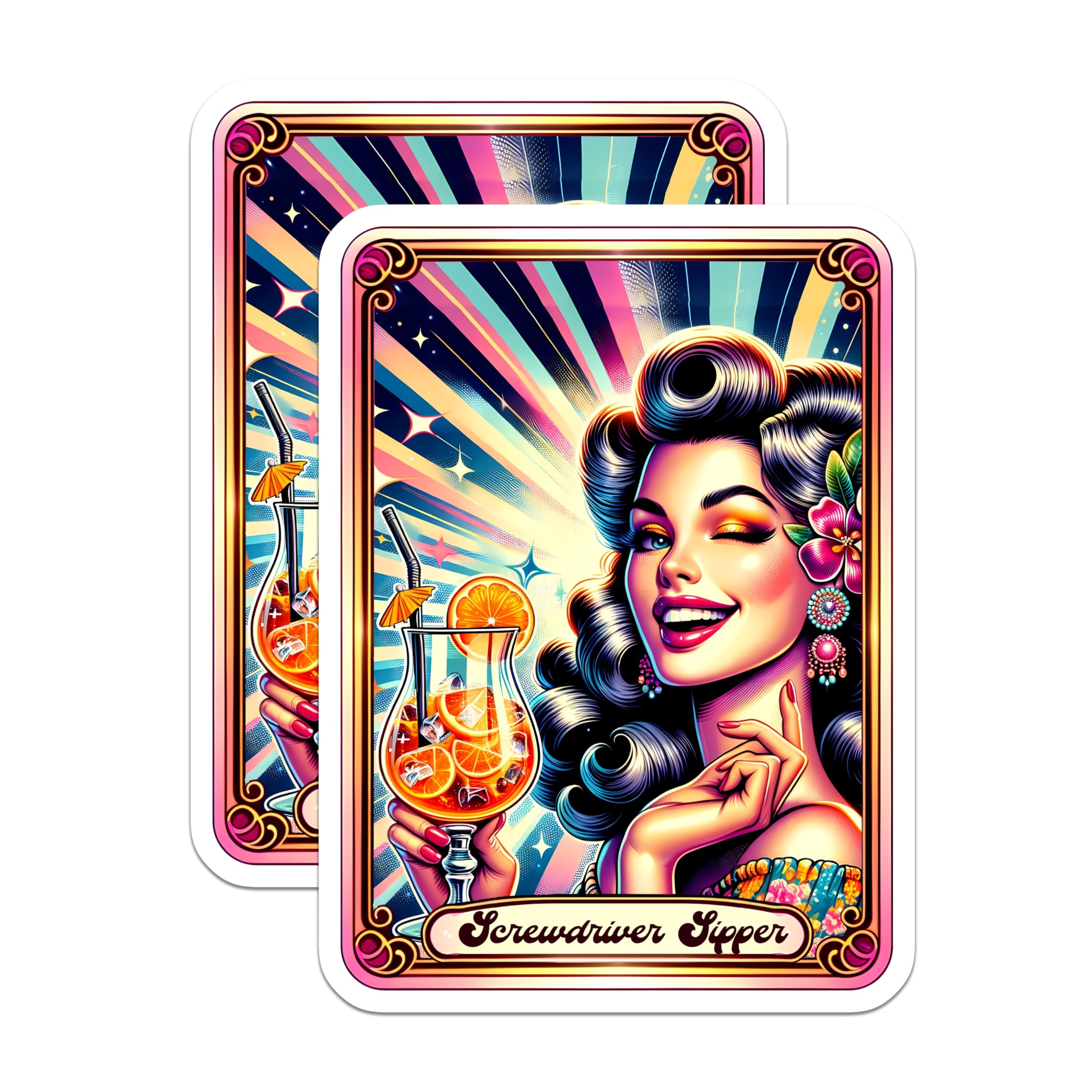 (2 Pack) Screwdriver Sipper Magnets - Retro Pin Up Art - Vibrant Cocktail Kitchen Decor - Happy Hour Illustration - 5 Inches On Longest Side - Thick Durable Magnet - Made in USA - MAG20207