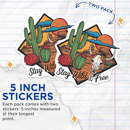 (2 Pack) Stay Wild and Free Stickers - Western Desert Skull Cactus Stickers - Adventure Nature Vinyl Stickers - 5" On Longest Side - Sticks to Smooth Flat Surfaces - Made in USA - BMCS4063