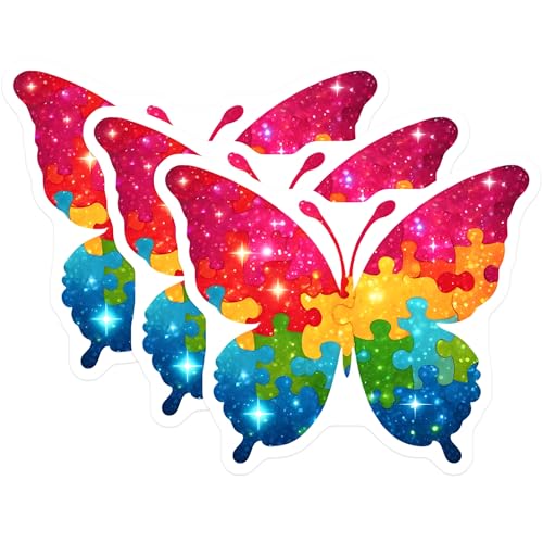 (3 Pack) Butterfly Decals - Autism Awareness - Puzzle Piece Butterfly Decal - 3 Inches On Longest Side - Easy Peel & Apply - Made in USA - 3MCS6659