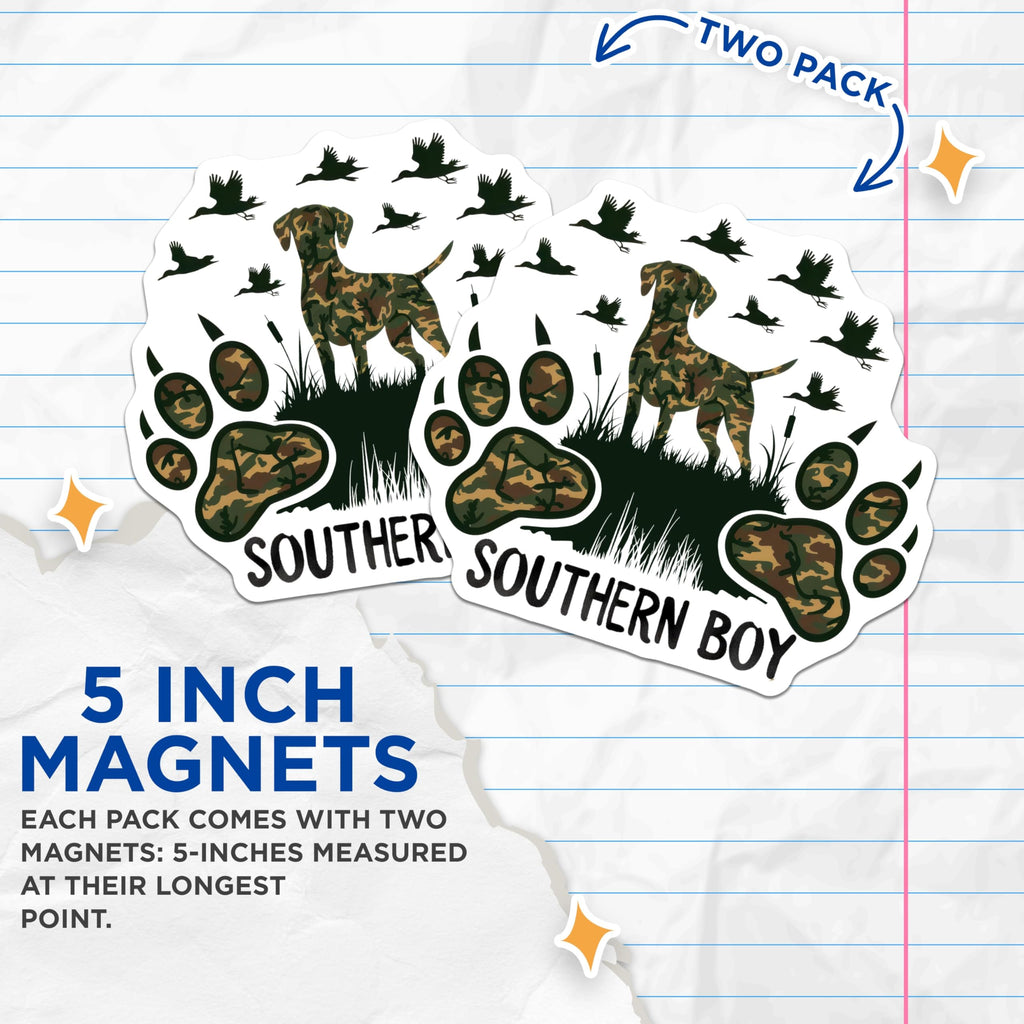 (2 Pack) Camo Hunting Dog Magnets - Southern Boy Duck Hunter Decor - Outdoorsman Refrigerator Vehicle Magnet - 5 Inches On Longest Side - Thick Durable Magnet - Made in USA - MAG19833