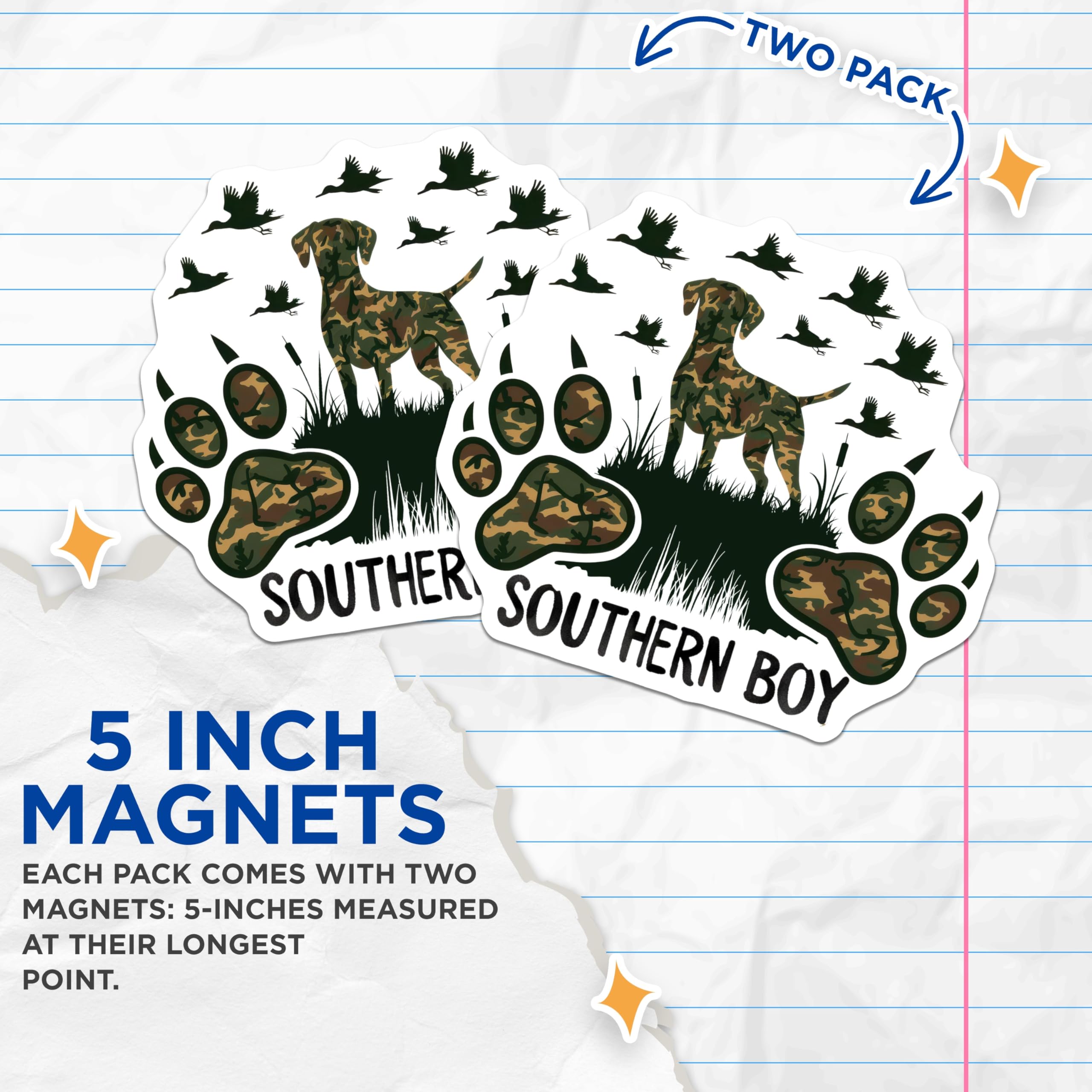 (2 Pack) Camo Hunting Dog Magnets - Southern Boy Duck Hunter Decor - Outdoorsman Refrigerator Vehicle Magnet - 5 Inches On Longest Side - Thick Durable Magnet - Made in USA - MAG19833