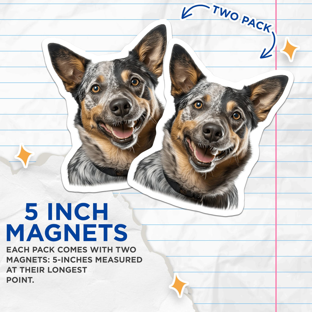 (2 Pack) Australian Cattle Dog Magnets - Blue Heeler Smiling - Happy Dog Lover Kitchen Decor - 5 Inches On Longest Side - Thick Durable Magnet - Made in USA - MAG29334