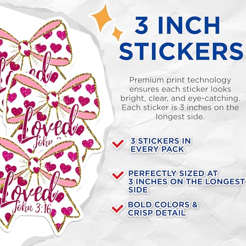 (3 Pack) Loved John 316 Decals - Christian Verse Decal - Heart Bow Decals - 3 Inches On Longest Side - Easy Peel & Apply - Made in USA - 3MCS1858