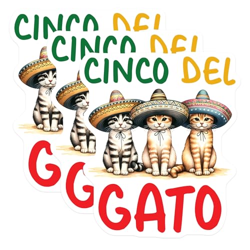 (3 Pack) Cinco de Gato Decals - Funny Cat Fiesta - Sombrero Cats - 3 Inches On Longest Side - Easy Peel & Apply - Made in USA - 3MCS8522