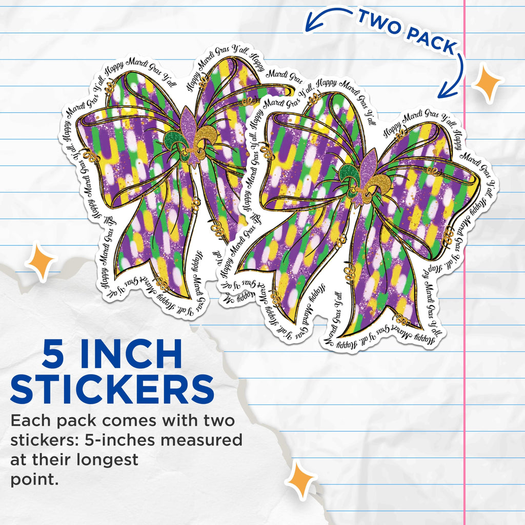 (2 Pack) Mardi Gras Bow Stickers - Festive New Orleans Stickers - Carnival Celebration Stickers - 5" On Longest Side - Sticks to Any Smooth Flat Surface - Made in USA - BMCS2953