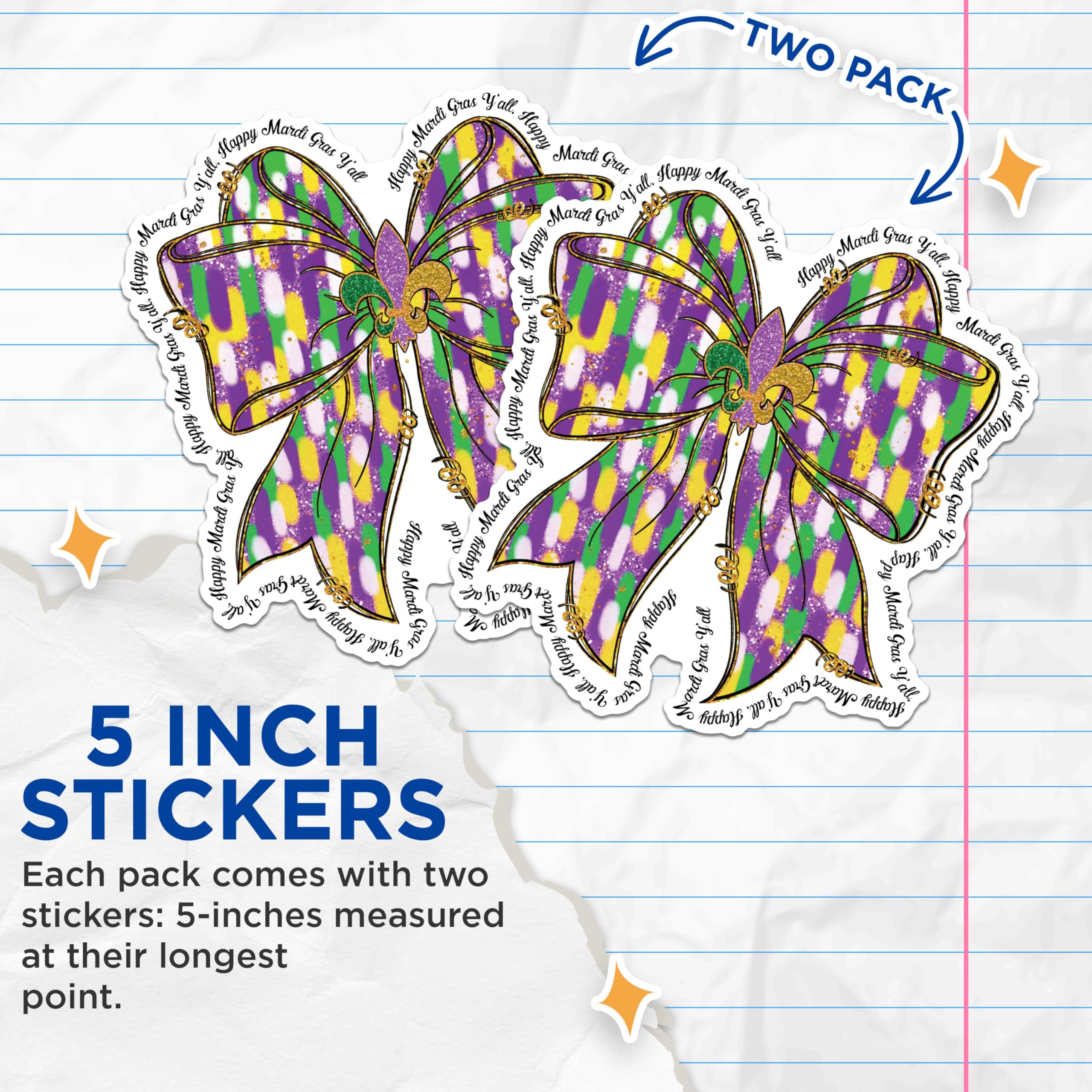 (2 Pack) Mardi Gras Bow Stickers - Festive New Orleans Stickers - Carnival Celebration Stickers - 5" On Longest Side - Sticks to Any Smooth Flat Surface - Made in USA - BMCS2953