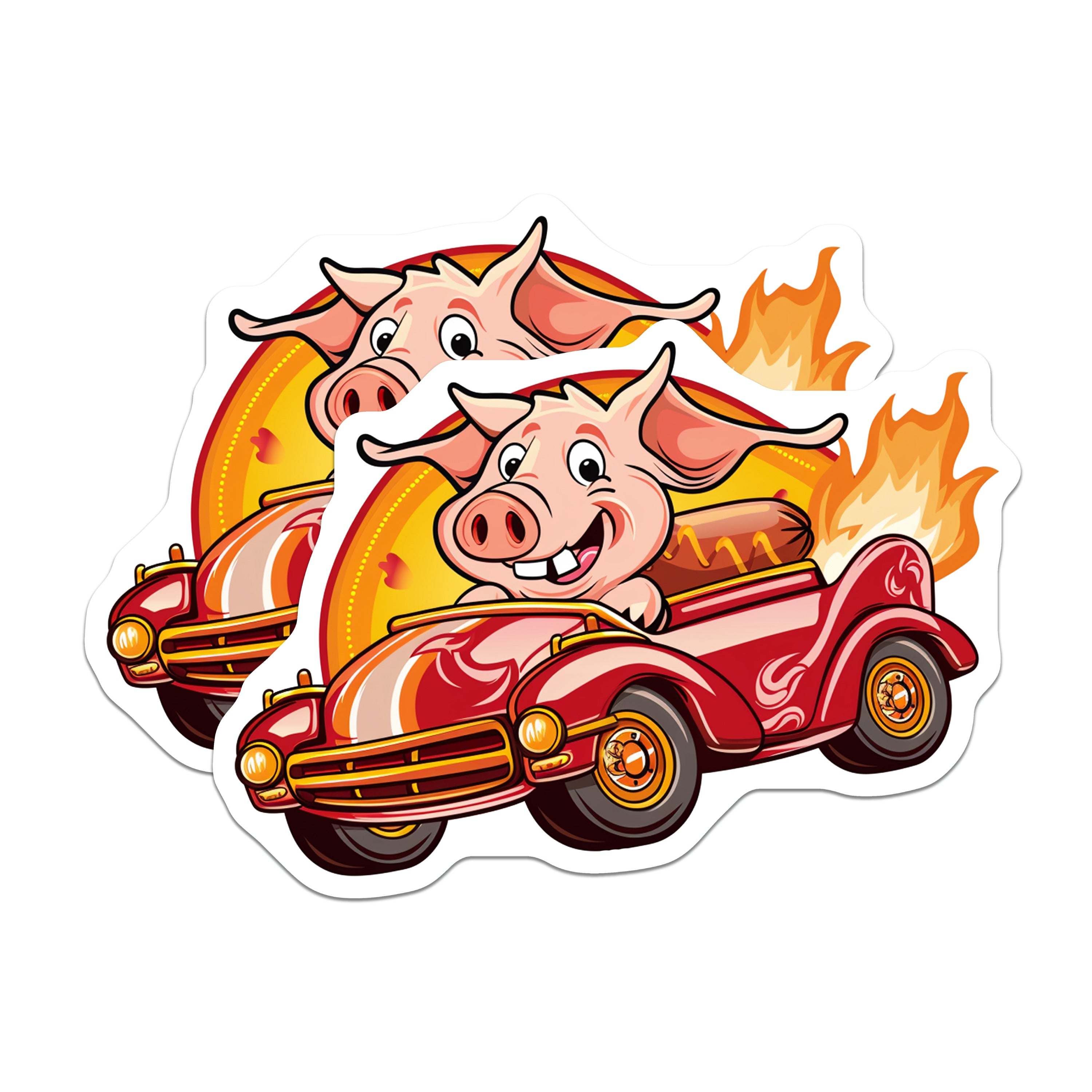 (2 Pack) Funny Pig Driving Hot Rod Magnets - BBQ Grill Master Fridge Decor - Hot Dog Car Kitchen Accessory - 5 Inches On Longest Side - Thick Durable Magnet - Made in USA - MAG38691