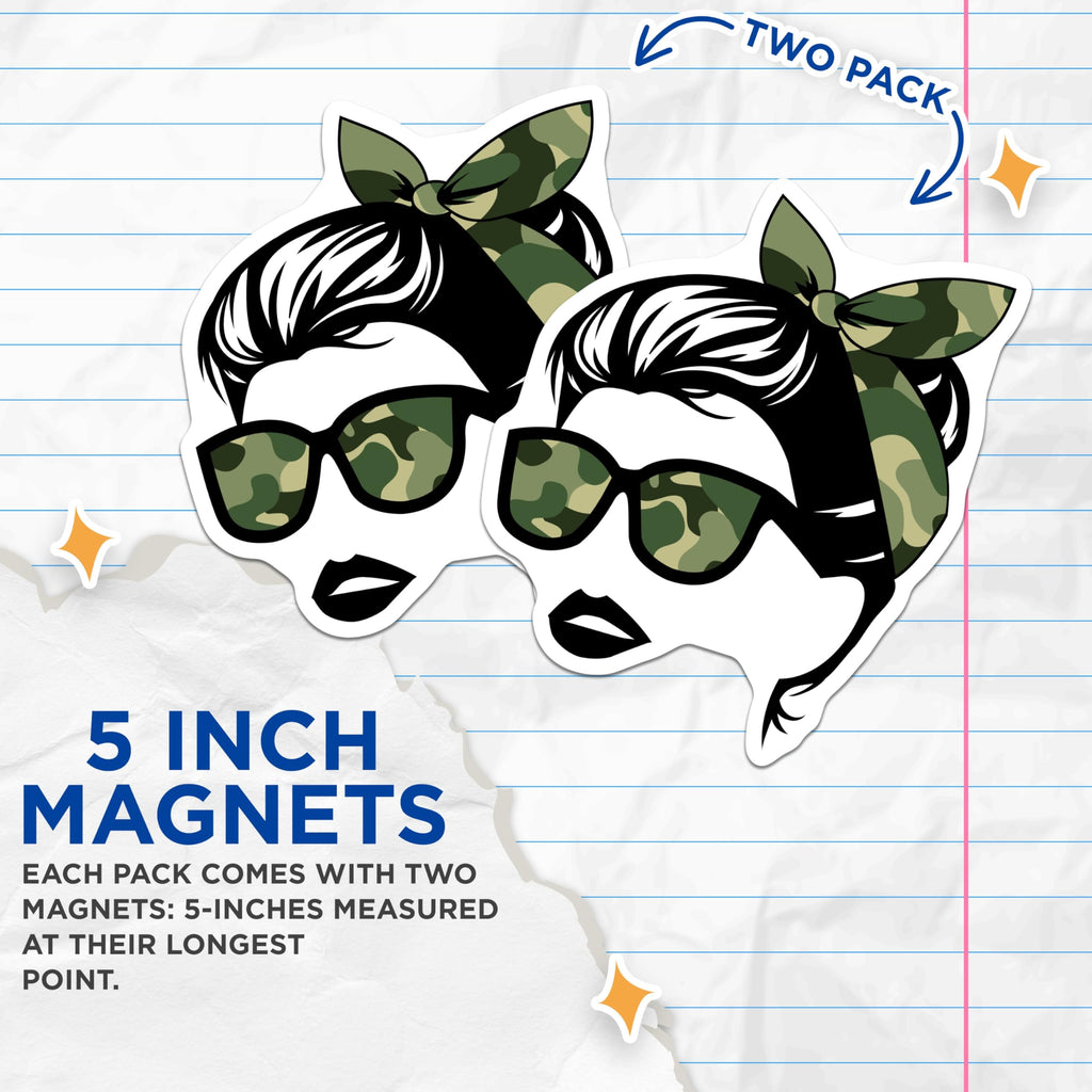 (2 Pack) Camo Girl Magnets - Bandana Headband - Sunglasses Decor - Military Fashion - 5" On Longest Side - Premium Magnet - for Cars, Refrigerators, Toolboxes, Lockers - Made in USA - MAG18669