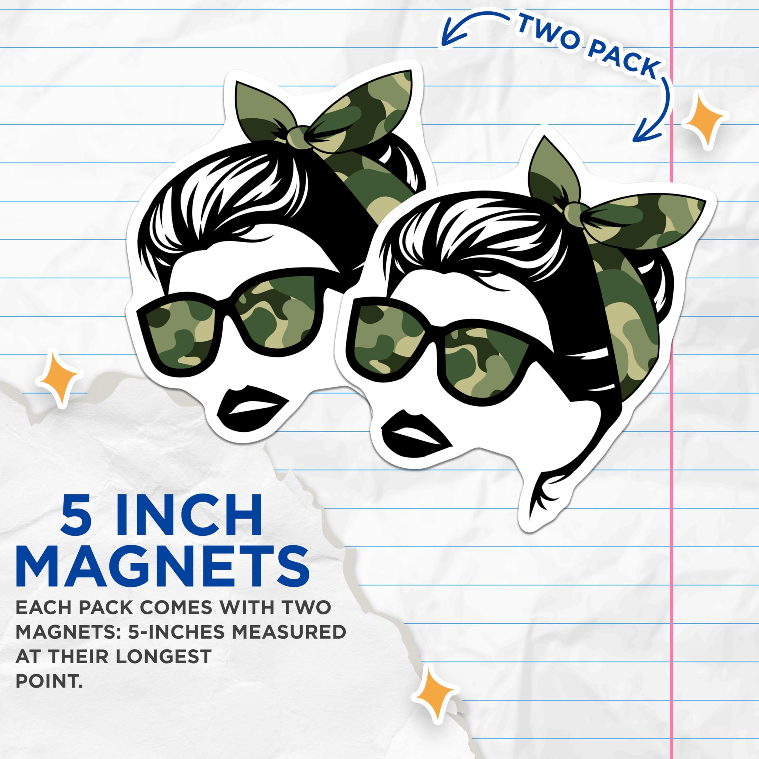 (2 Pack) Camo Girl Magnets - Bandana Headband - Sunglasses Decor - Military Fashion - 5" On Longest Side - Premium Magnet - for Cars, Refrigerators, Toolboxes, Lockers - Made in USA - MAG18669