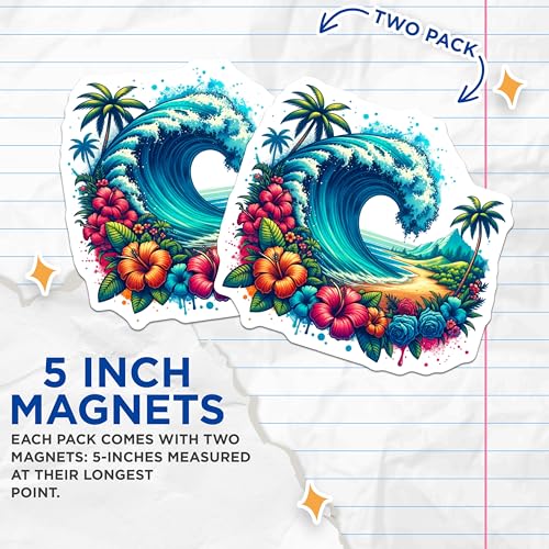 (2 Pack) Tropical Ocean Wave Magnets - Beach Scene - Coastal Decor - 5" On Longest Side - for Cars, Fridges, Toolboxes - Made in USA - MAG6996