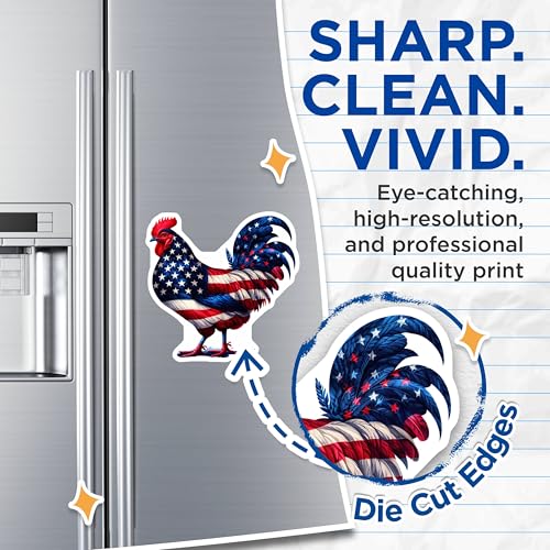 (2 Pack) Patriotic Rooster Magnets - American Flag Design - Kitchen Decor - Fridge Magnets - USA Pride - 5" On Longest Side - for Cars, Fridges, Toolboxes - Made in USA - MAG7180