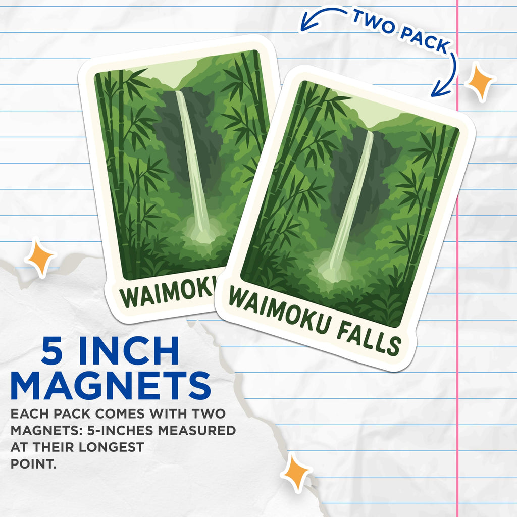 (2 Pack) Waimoku Falls Magnets - Maui Waterfall Decor - Hawaii Bamboo Forest Souvenir - 5 Inches On Longest Side - Thick Durable Magnet - Made in USA - MAG19883