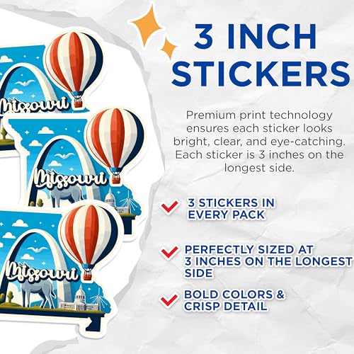 (3 Pack) Missouri Decals - State Landmarks - Hot Air Balloon Laptop Decal - 3 Inches On Longest Side - Easy Peel & Apply - Made in USA - 3MCS0148